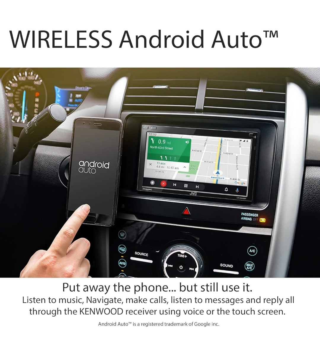 JVC Ingeboude Wi-Fi vir Draadlose CarPlay Android Auto, 6.8" LCD-raakskerm, AM/FM, Bluetooth, MP3-speler, USB-poort, Dubbel-DIN, 13-band EQ, SiriusXM Motorradio