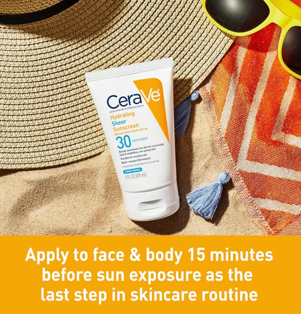 CeraVe Hydrating Sheer Sunscreen SPF 30 Minerale met Sinkoksied, Hialuroonsuur en Ceramides, Parabeenvry + Reukvry (148ml)