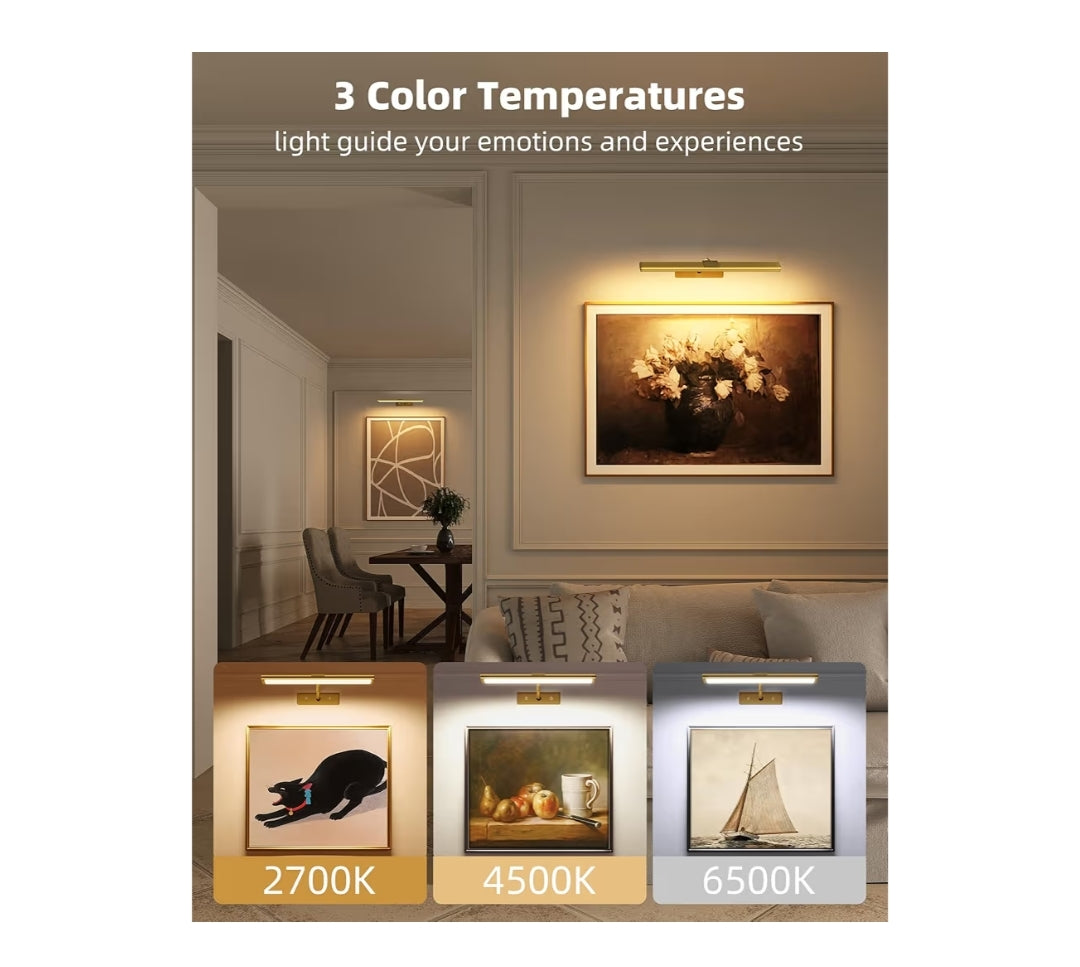 Prentbeligting vir Muur, 4800mAh Herlaaibare Koordlose Afstandbeheerligte, 16'' Dimbaar Magnetiese LED-Lig met 3 Kleurtemperature (Goud)
