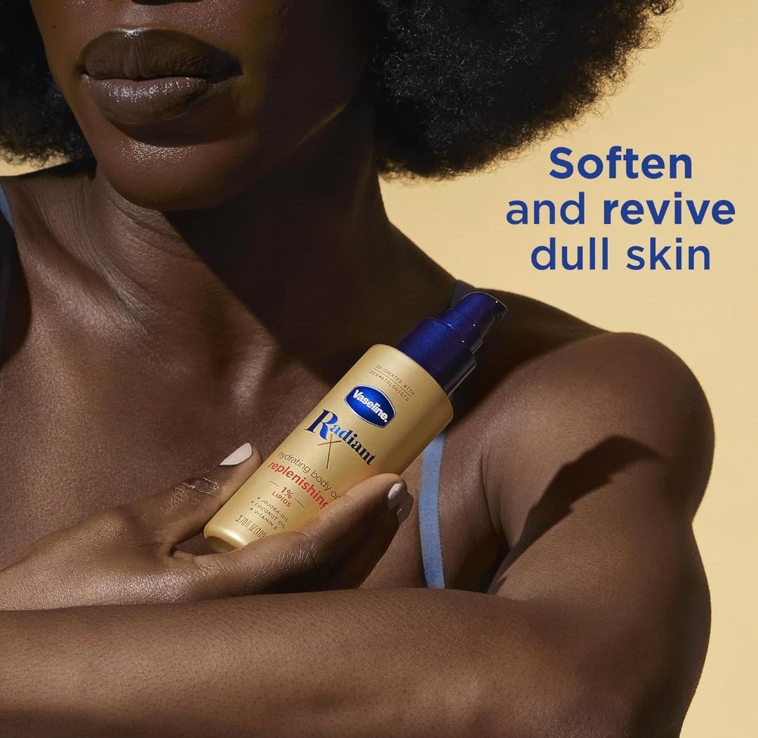 Vaseline Radiant X Replenishing and Hydrating Body Oil with 1% Lipids, Jojoba Oil, Coconut Oil, & Vitamin E 3.7 oz