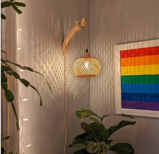 Bamboes Lantern Muurligte Prophouderlamp met Propkoord Handgeweefde Rotting Muurlig Rustiek