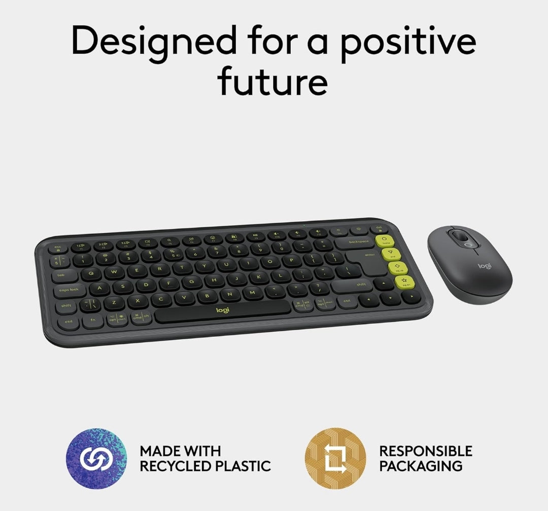 Logitech POP ICON Combo, Bluetooth-sleutelbord-en-muiscombo, gemaklike tik, programmeerbare sleutels en knoppies, stil klikke, maklike wisseling vir tot 3 toestelle – grafiet en lemmetjie