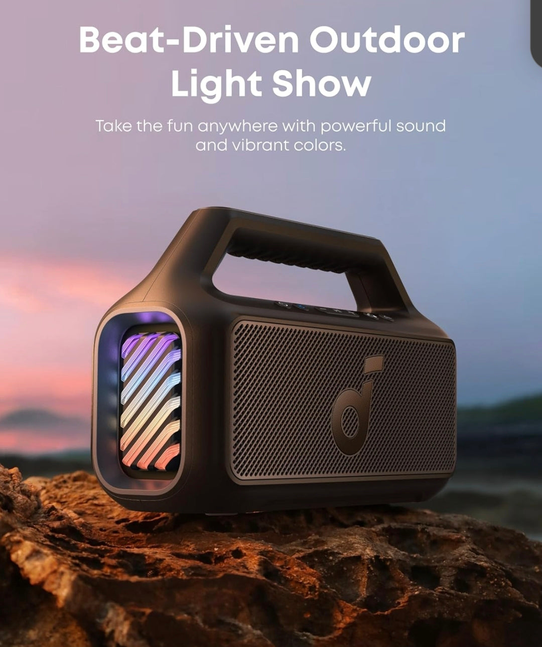 Soundcore Boom 2 By Anker, Outdoor Speaker, 80W, Subwoofer, BassUp 2.0, 24H Playtime, IPX7 Waterproof, Floatable, RGB Lights, USB-C, Custom EQ, Bluetooth 5.3, Portable for Camping, Beach, and Backyard
