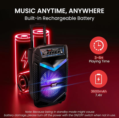 Portable Bluetooth PA Speaker System  600W Rechargeable 10” Subwoofer 1” Tweeter, Recording Function, Mic In Party Lights USB/SD Radio
