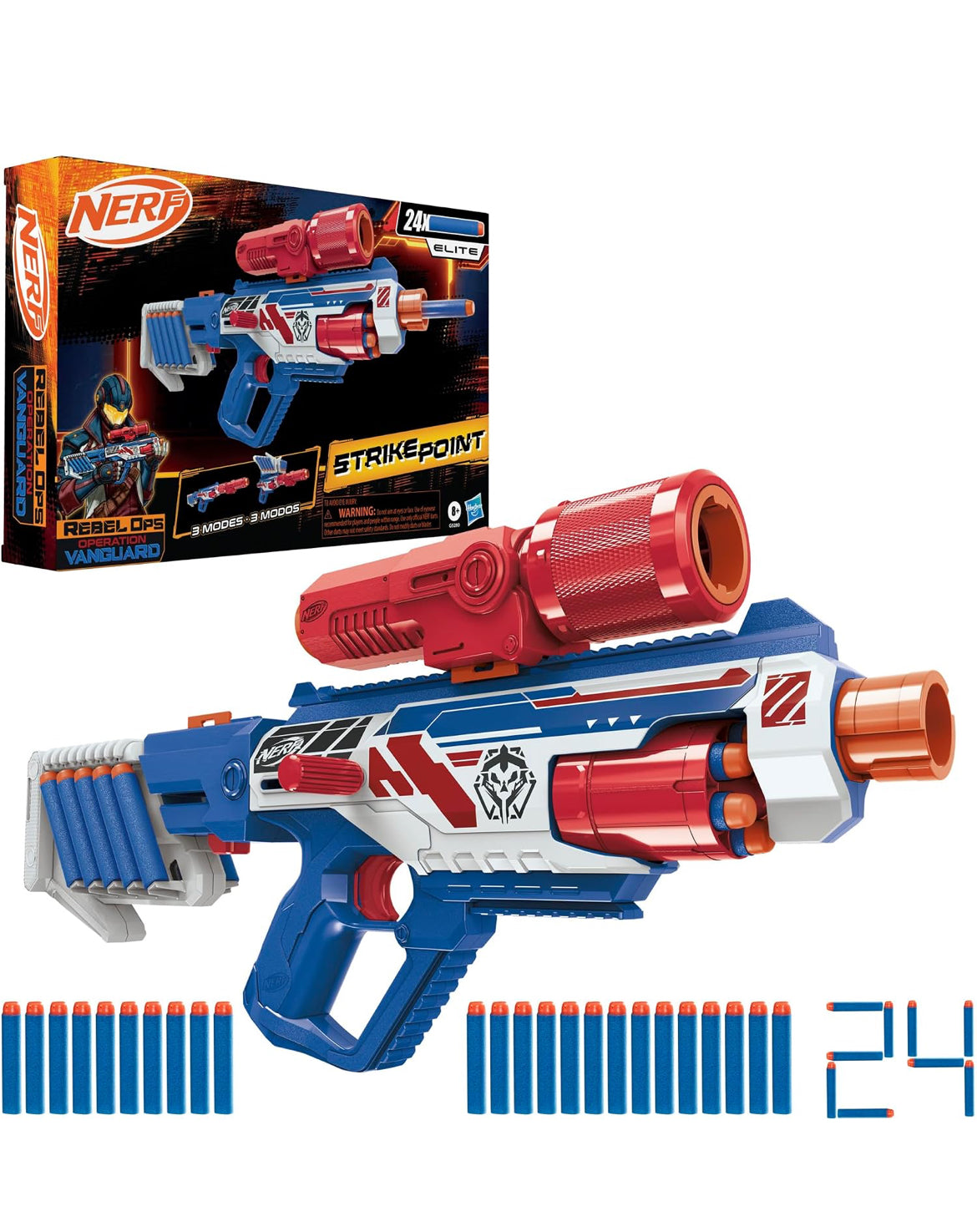 Nerf Rebel Ops Operation Vanguard Strikepoint Blaster
24 Nerf Foam Darts, Shieldstock & Scope-Barrel Attachments, Kids Gift Toys, Ages 8+ (Amazon Exclusive)