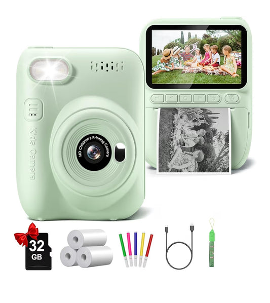 Instant Print Camera 3.0" HD 32MP Kids 1080P w/ 3 Rolls of Printer Paper 32GB SD Card (Green)