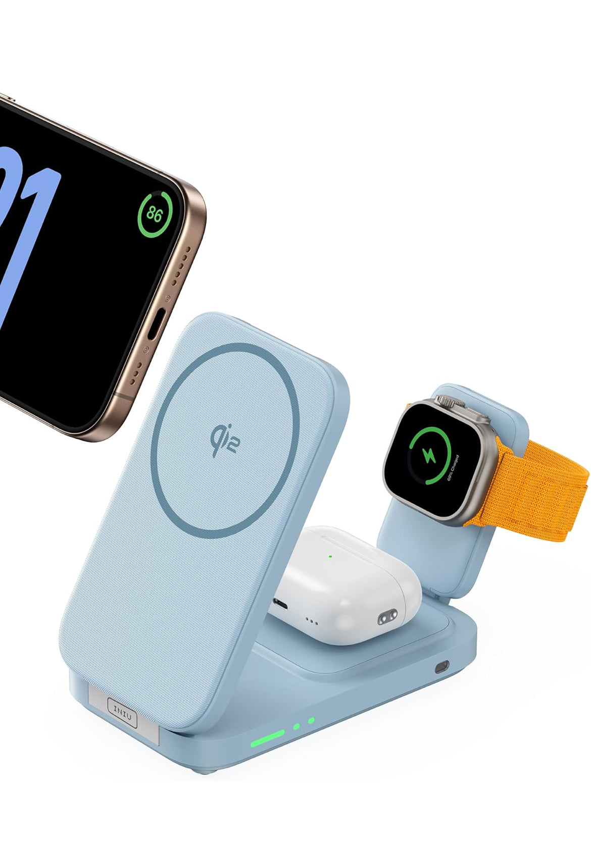 INIU 3 in 1 Wireless Charging Station, Qi2 Certified Magnetic Travel Charger for Apple Multiple Devices, Foldable Charger Stand for Apple iPhone 16 15 14 13 12 Series Watch AirPods (Blue)