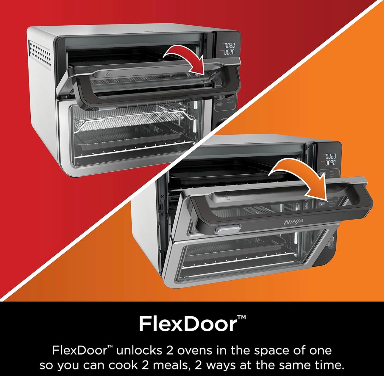 Ninja DCT401 12-in-1 Double Oven with FlexDoor, Flavor Seal & Smart Finish, Rapid Top Convection and Air Fry Bottom - Stainless Steel