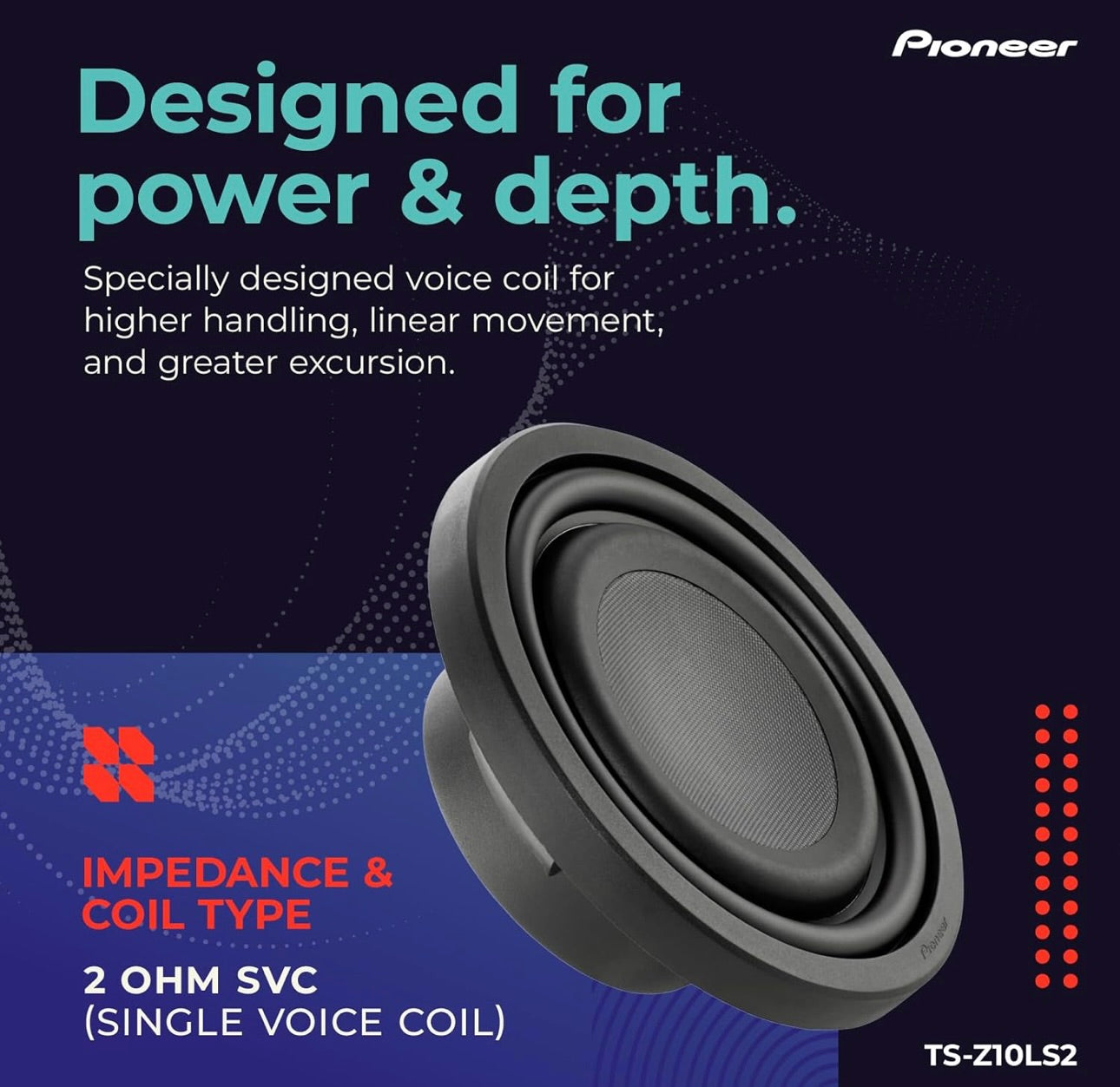 Pioneer TS-Z10LS2 10” Oorgroot Subwoofer, Plat Ontwerp, Maklike Installasie en Buigsame Pasvorm, 1300 Watt Spitskrag, Enkel 2 Ohm Stemspoel vir Diep, Verbeterde Basrespons