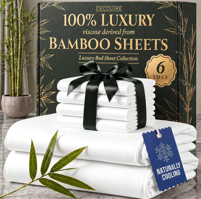 DECOLURE 100% Viscose Derived from Bamboo Sheets King Size - Luxury 6 Pc Naturally Cooling Sheets, Ultra Soft Bed Set - Deep 17" Pockets, Durable Double Stitching, Oeko Tex Standard (White)
