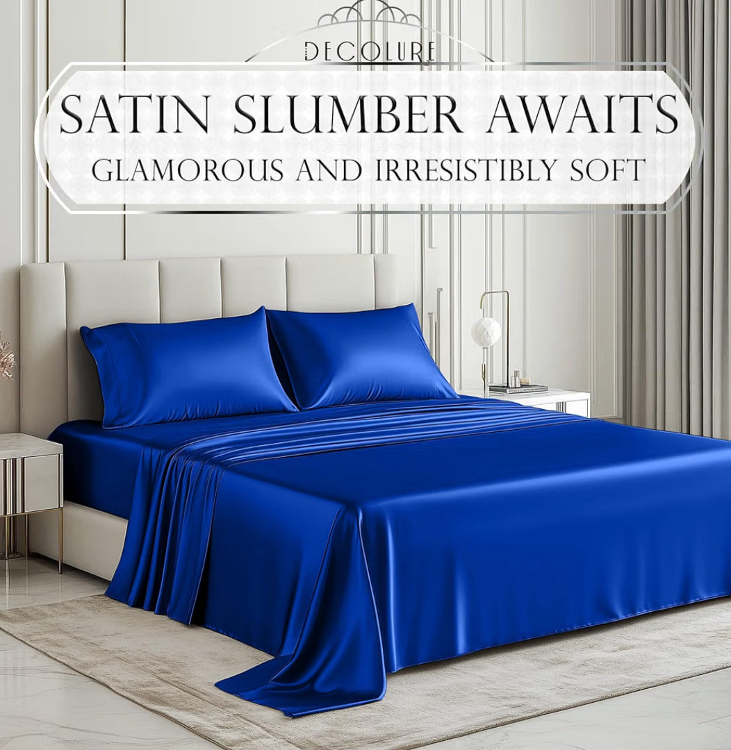 DECOLURE Satin Bed Sheets - 4 Piece Luxury Silky Twin Size Bedding Set - Softer Than Silk, Wrinkle-Free with 15” Deep Pocket Fitted Sheet, Perfect for Hair & Skin, Gifts for Women (Blue)
