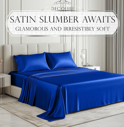 DECOLURE Satin Bed Sheets - 4 Piece Luxury Silky Twin Size Bedding Set - Softer Than Silk, Wrinkle-Free with 15” Deep Pocket Fitted Sheet, Perfect for Hair & Skin, Gifts for Women (Blue)