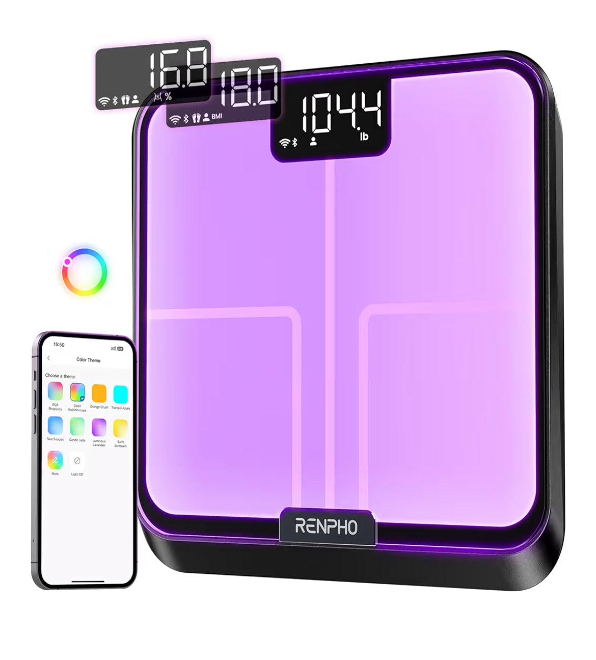 Smart Scale for Body Weight, BMI, Wi-Fi Rechargeable, RGB Lighting Sync with Fitness App