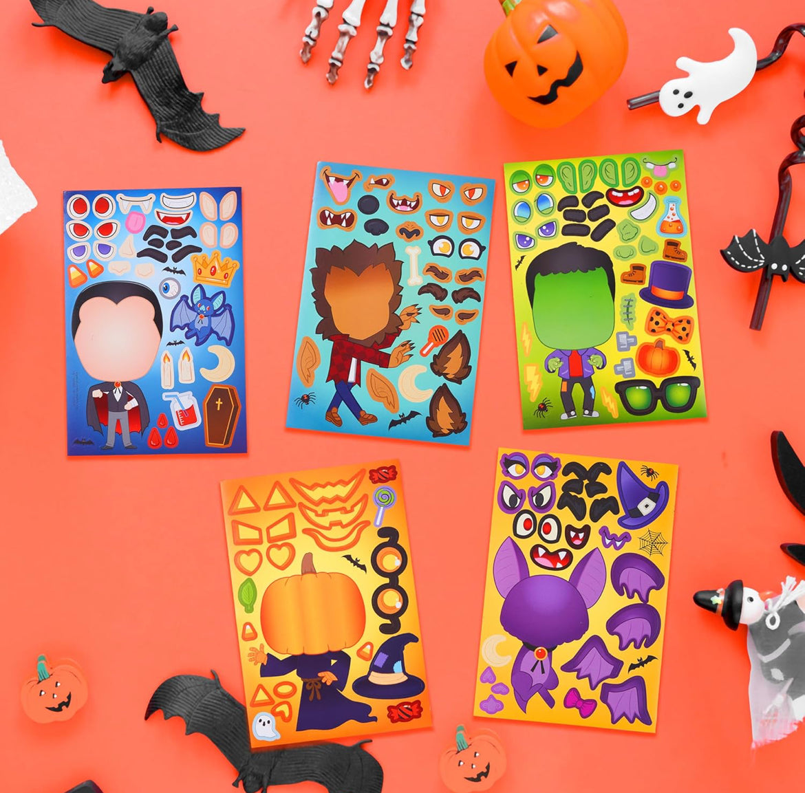 JOYIN 36 STK Halloween Kunsvlytplakkers vir Kinderspartytjies, Maak-’n-Gesig-plakkers met Heks- en Vampierontwerpe, Selfdoen-kunsvlytmateriaal vir Halloween-partytjiespeletjies, Klaskameraktiwiteite, Geskenke, Lekkernye