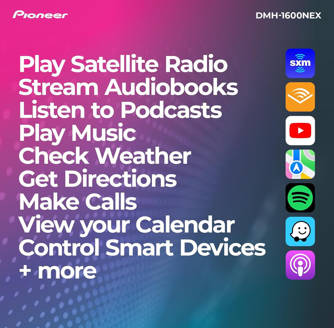 Pioneer DMH-1600NEX 6.8" Capacitive Touchscreen Double Din Car Stereo
Digital Multimedia Receiver, Wired CarPlay & Android Auto, Bluetooth, Backup Cam, USB, AM/FM, Front/Rear/Sub RCA Preouts