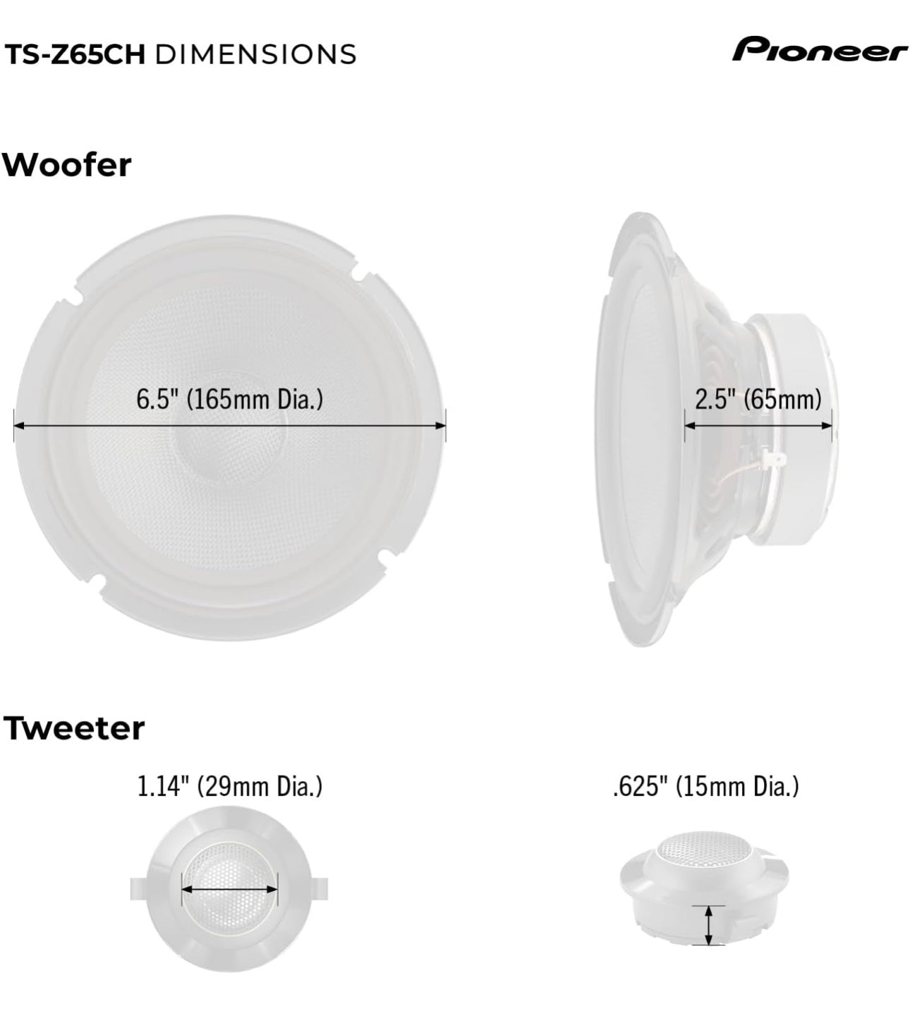 Pioneer TS-Z65CH, 2-rigting komponente motoroudioluidsprekers, volle omvang, oop en gladde klankgehalte 6.5” luidsprekers