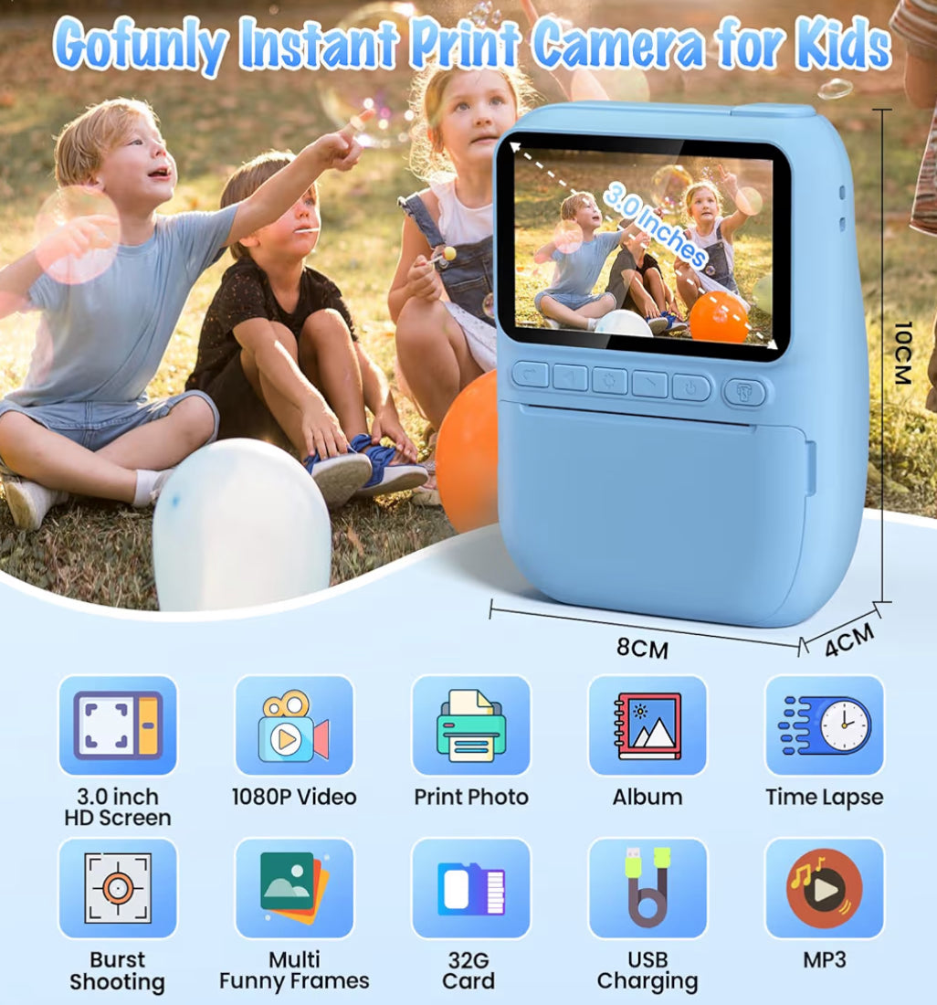 Kitsdruk-kamera 3.0" HD 32MP Kinders 1080P met 3 Rolletjies Drukkerpapier 32GB SD Kaart (Blou)