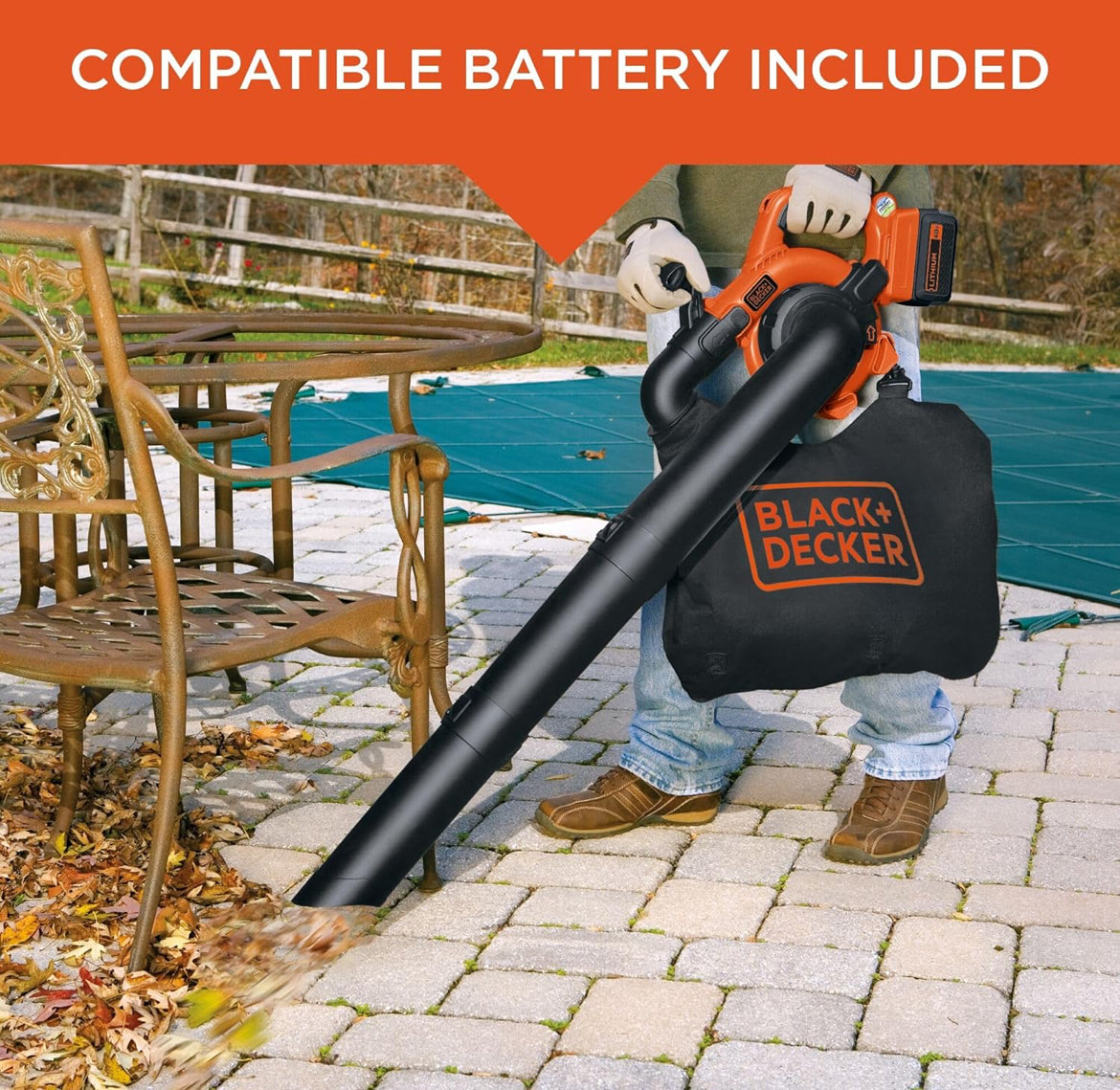 BLACK+DECKER 40V Koordlose Blaas- en Suigmasjienstel, 193 km/h Lugspoed, 6-Spoed Skakelaar, Ingeboude Skraper, met Versamelsak, Battery en Laaier Ingesluit (LSWV36)