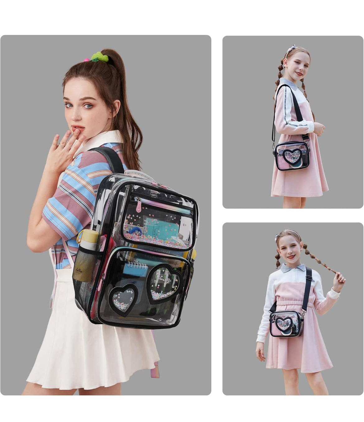 Girls Clear Backpack,2 PCS Large Backpacks Set,Heavy Duty Bookbag Stadium Approved Daypack Transparent Women Bag See Through Daypack for Kids Elementary Middle School Students Teens Sport Black