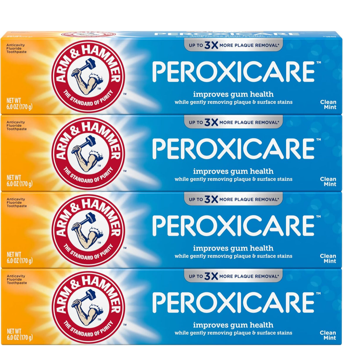 ARM & HAMMER Peroxicare Toothpaste for Gum Health, Baking Soda Toothpaste, Clean Mint 6.0 oz (Pack of 4)