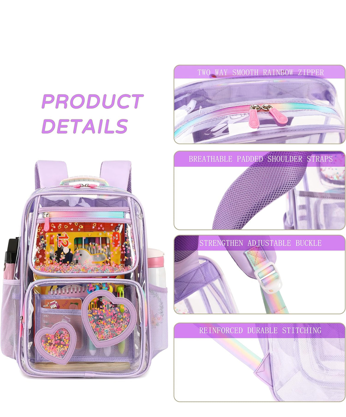 Clear Backpack for Girls Women Transparent Kids Elementary College School Bag Travel Laptop Backpacks Large Bookbags (Purple)