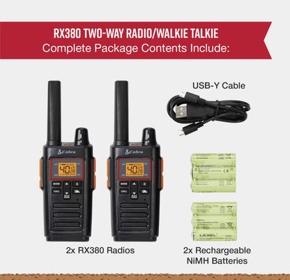 Cobra RX380 Walkie Talkies (2-pak) – Weerbestande tweerigtingradio's met lang reikafstand, 40 voorafgeprogrammeerde kanale, weerkennisgewings, LED-flitslig, langdurige NiMH-batterye (swart)