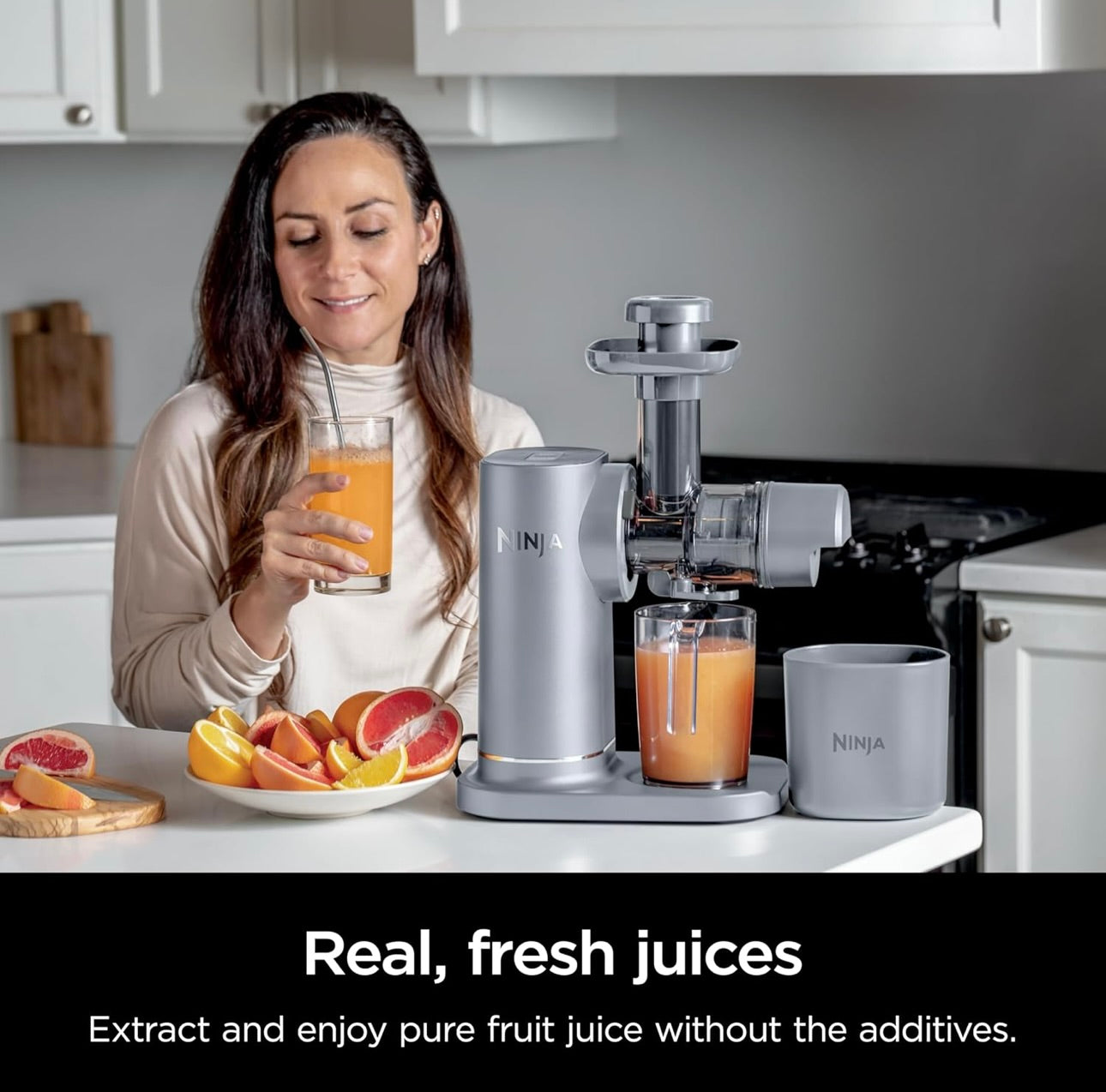 Ninja NeverClog Cold Press Juicer, Powerful Slow Juicer with Total Pulp Control, Countertop, Electric, 2 Pulp Functions - Steam Gray (JC151SL)