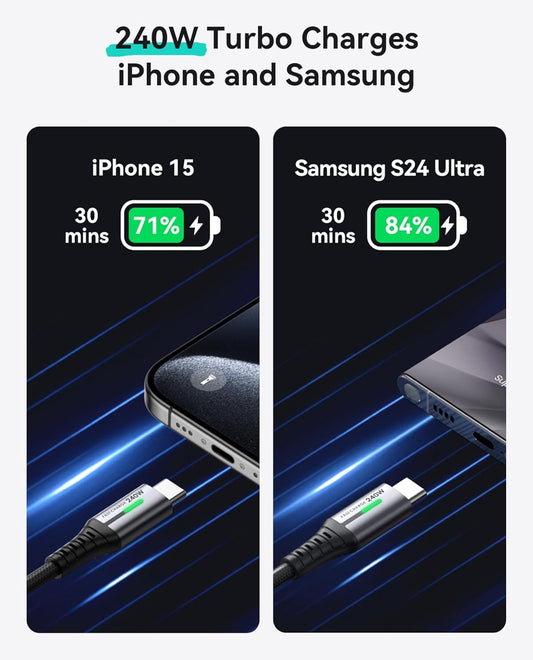 INIU Kort USB C-kabel 30cm, [240W, 2-pak] Vinniglaai USB C na C-kabel, Gevlegde Laaikoord Tipe C vir iPhone 16 15 Pro Max Samsung Galaxy S25 S24 S23 A14 A13 A12 A34 A54 iPad Air Pro MacBook ens