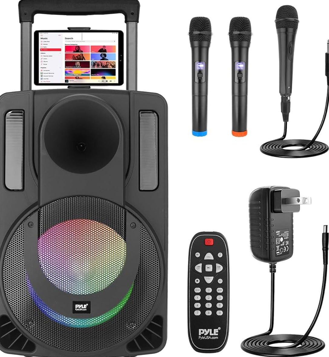 Portable 8 Inches PA Speaker System - Wireless BT Streaming & Karaoke Party Two Wireless Mic, Wired Microphone, Tablet Stand, Flashing Party Lights, MP3/USB//FM Radio