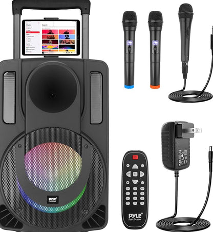 Portable 8 Inches PA Speaker System - Wireless BT Streaming & Karaoke Party Two Wireless Mic, Wired Microphone, Tablet Stand, Flashing Party Lights, MP3/USB//FM Radio