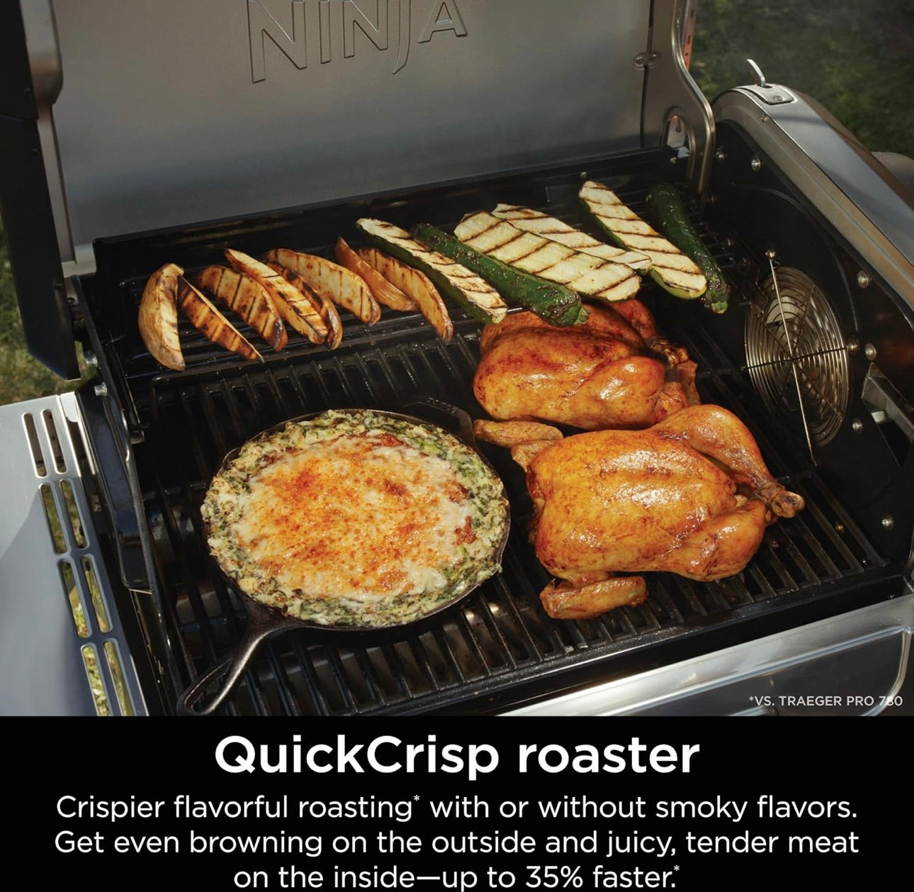 Ninja FlexFlame, Rooster en Roker, Elektriese en Propaanbraaier, Rooster, Braaier, 5-in-1 Kookstelsel, 3 Branders, Digitale Beheer, Buitekook, Bakplaat, Pizzamaker - Vlekvrye Staal (PG301)