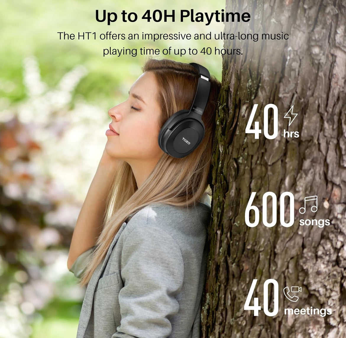 Hybrid Active Noise Cancelling Headphones, Wireless Over Ear Bluetooth, 40H Playtime, Hi-Res Audio Custom EQ, Comfort Fit Ear Cups (Black)