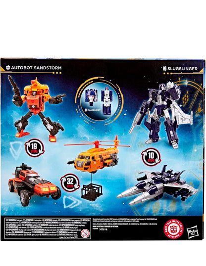 TRANSFORMERS Age of The Primes Wreck 'n Doom Collection 2-Pack, 7.5-Inch Autobot Sandstorm and 5.5-Inch Slugslinger Action Figures, Robot Toys, 8+