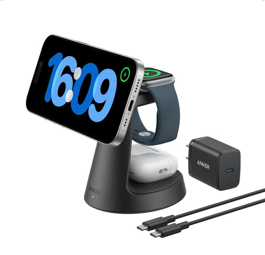 Anker MagSafe Charger Compatible, MagGo 3-in-1 Charging Station, Qi2 Certified - (Adapter Included)