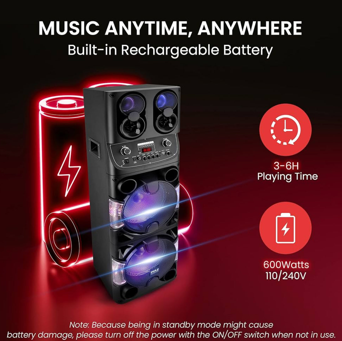 Portable Bluetooth 600W Dual 10” Rechargeable Indoor/Outdoor BT Karaoke Audio System -LED Display, FM/AUX/MP3/USB/SD, 1/4" in, Handle, Wheels -Wireless Mic, Remote Control