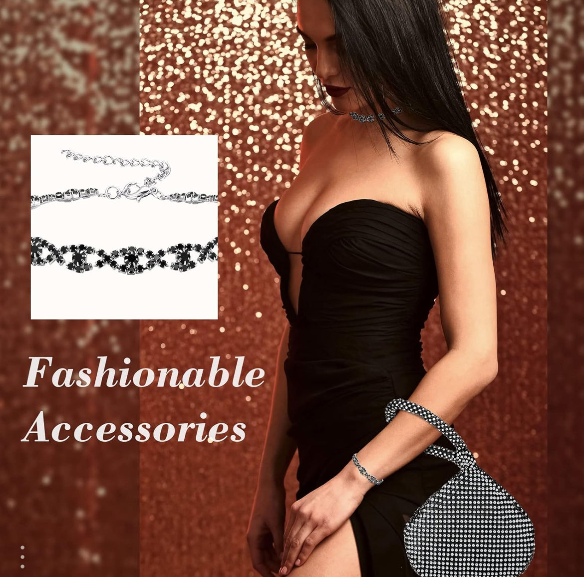 Elegante 4 Stukke Strass Halssnoer, Choker, Armband, Oorbel, Koppelsakke, Juwelierswarestel Vroue Kristal Driehoek Glans Diamant Beursie Strass Sak vir Troue, Partytjie