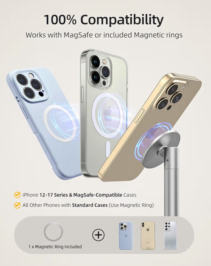 Magnetic Fully Aluminum Phone Stand, 360 Rotating for Desk w/ Metal Ring, Adjustable Holder with MagSafe Case - Silver