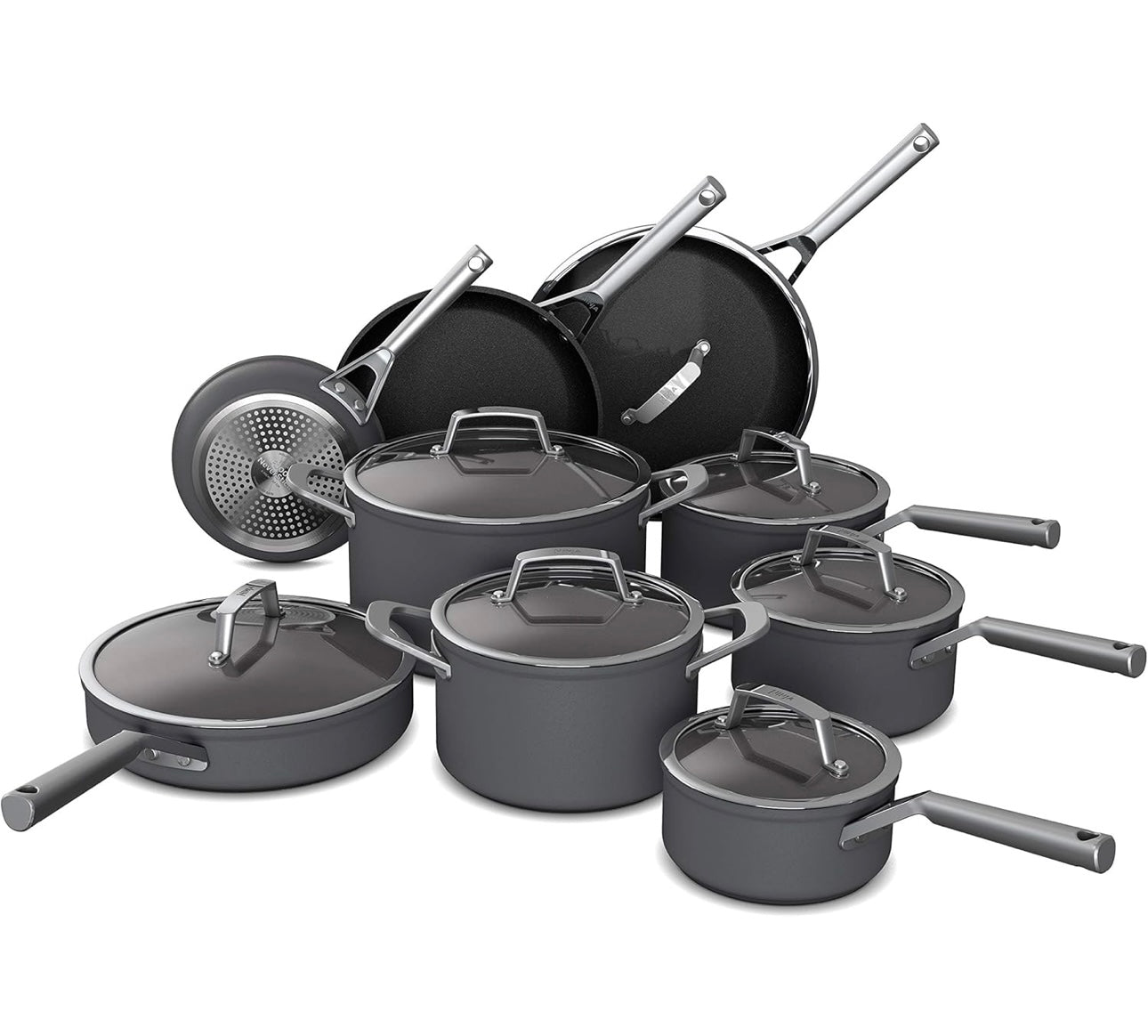 Ninja Cookware, Ninja NeverStick Professional, 16-Stuk Pot- en Panstel, Kleefvrye Braaipanne, Kombuisbenodigdhede, Voorraadpot, Kookpot, Glasdeksels, Soteerpan, Alle Stoofplate, Swart, C39900