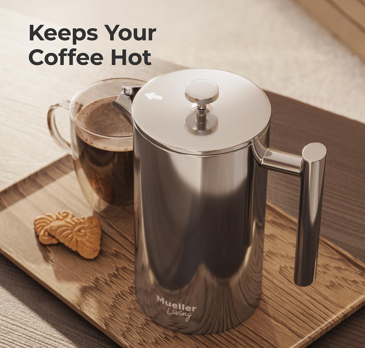 Druk-Koffiemaker 1L, Vlekvrye Staal, 4 Filters Hittebestande Dubbel Geïsoleerd, Roesvry, Voedselgraad, Skottelgoedwasser Veilig