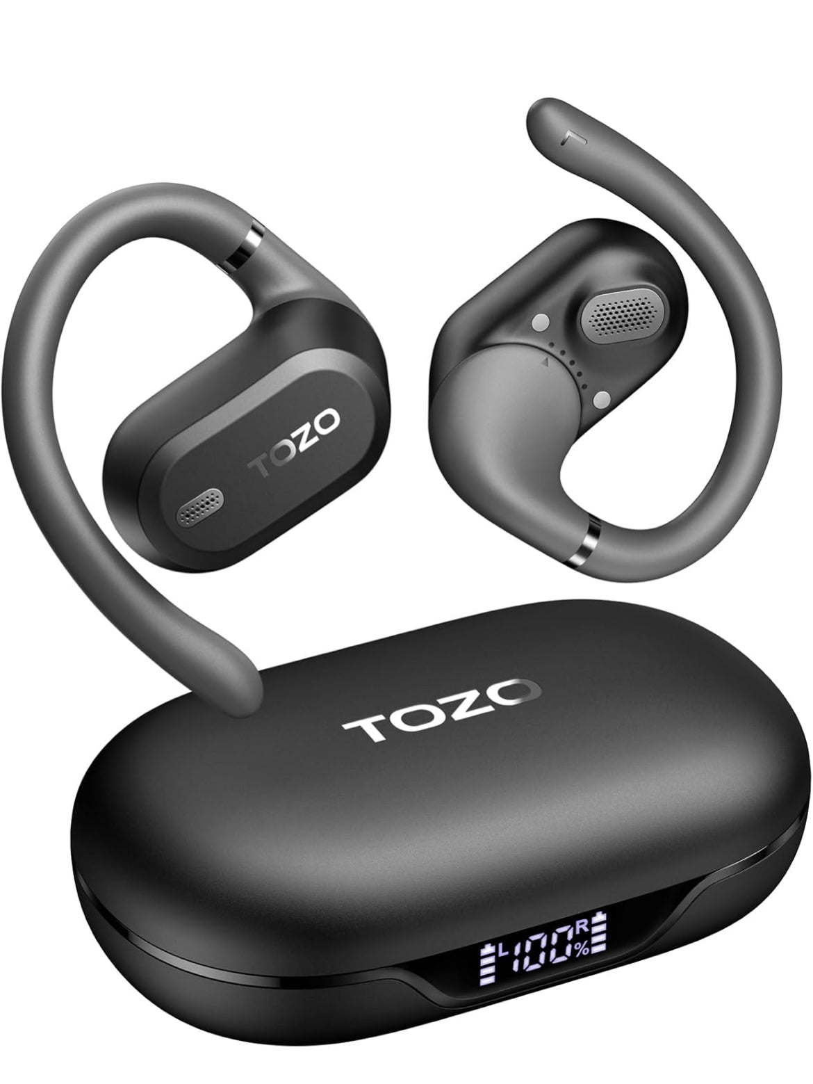 OpenWear Open Ear Headphones, Adjustable Ear Hooks, Ultra Comfort, Bass Bluetooth Headphones 5.4 with Smart Digital Display (Black)