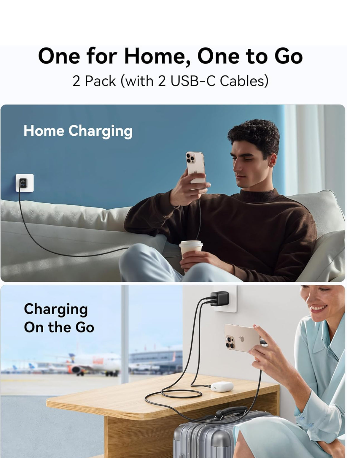 INIU 30W USB C Charger, 2-Pack PD QC 3.0 Dual Port Fast Charging, Type C Charger Block with 5ft USB-C Cable, GaN Tech Type C Power Adapter for iPhone 16 15 14 Pro Max Samsung S24 S23 S22 Ultra, White