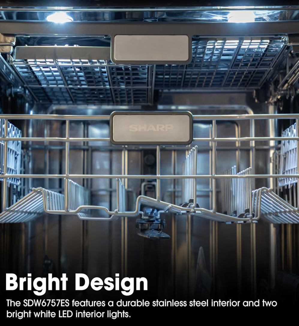Sharp SDW6757ES 24 in. Top Control Handle 45 dBA Dishwasher
Soil Sensors, Premium White LED Interior Lighting, Smooth Glide Rails, Heated Dry Option, Power Wash Zone
