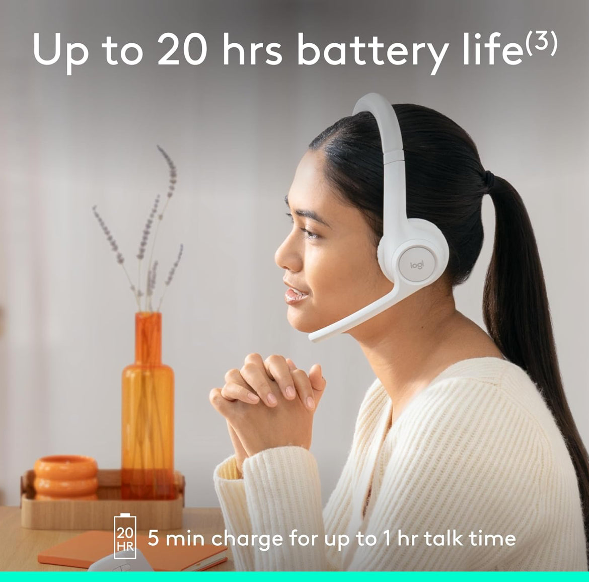 Logitech Zone 300 Draadlose Bluetooth Headset met Geraasonderdrukkende Mikrofoon, Versoenbaar met Windows, Mac, Chrome, Linux, iOS, iPadOS, Android – Off-White