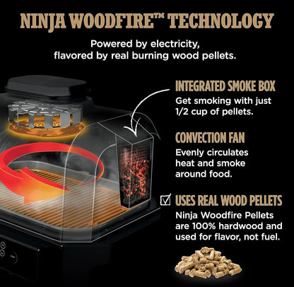 Ninja, Woodfire Pro XL Buitebraaier & Roker, Termometer, 4-in-1 Meesterbraaier, BBQ Roker, Buite Lugbraaier, Bak, Draagbaar, Elektriese Braaier - Donkergrys