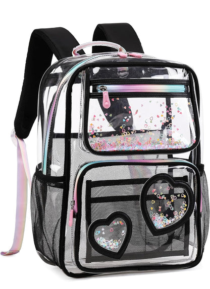 Clear Backpack for Girls Women Transparent Kids Elementary College School Bag Travel Laptop Backpacks Large Bookbags (Black)