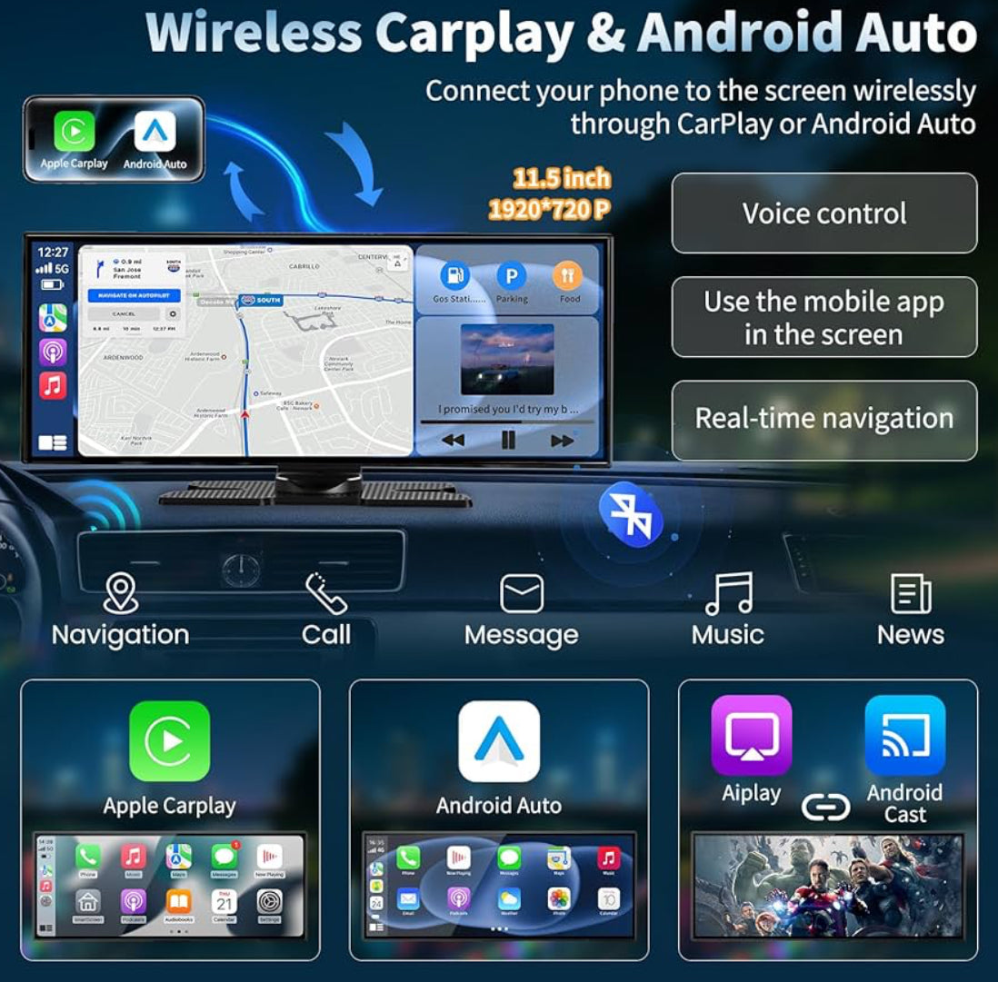 Wireless HD 11.5'' Carplay & Android Auto Car Stereo Touchscreen w/ 4K Dash Cam 1080P Backup Camera,Voice Control/GPS Navigation/Mirror Link/Bluetooth/AUX/FM
