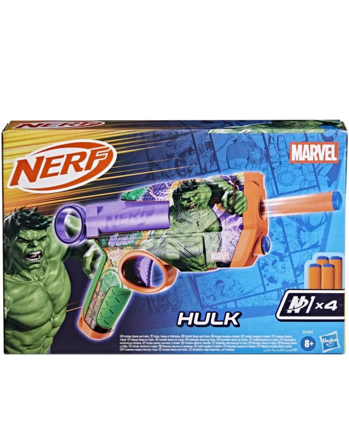 Nerf Marvel Hulk Dart Blaster | 4 Nerf N1 Foam Darts | Hulk-Inspired Blaster Skin Designs | Kids Gifts |Outdoor Toys & Games for Ages 8+