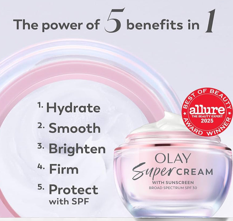 Olay Super Cream met Sonbeskerming SPF 30, Liggewig Gesigbevogtiger (1.7 oz) & Proefgrootte Vitamien C-Reinigingsmelters, Water-geaktiveerde Gesigwasmiddel (12 st)