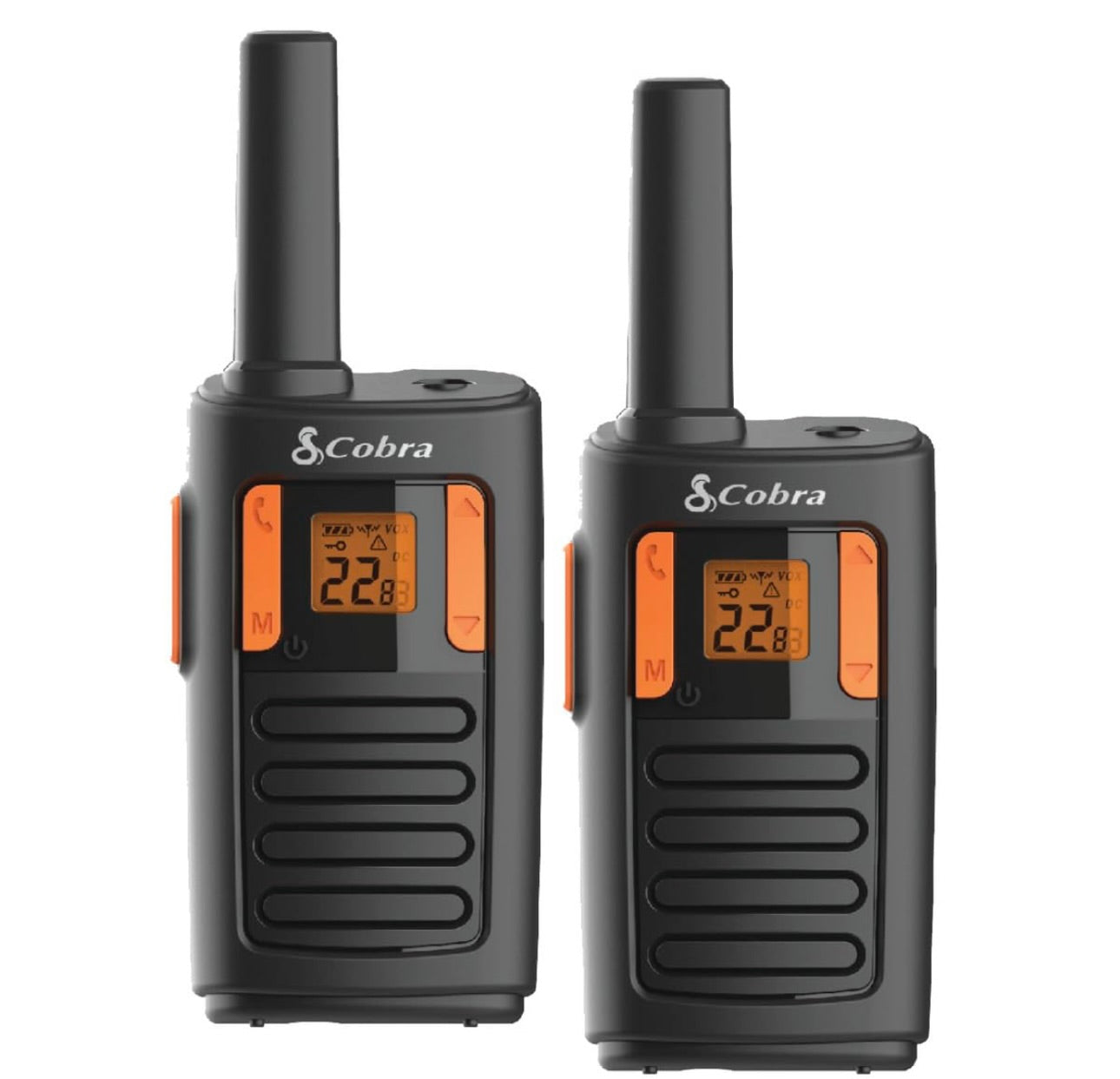 Cobra RX180 Walkie Talkies (2-pak) – Liggewig, Maklik-om-te-gebruik Kompakte Tweerigtingradio's Lang Reeks, 22 Voorafingestelde Kanale, NOAA Weerwaarskuwings, VOX-funksie, LED-flitslig (Oranje/Swart)
