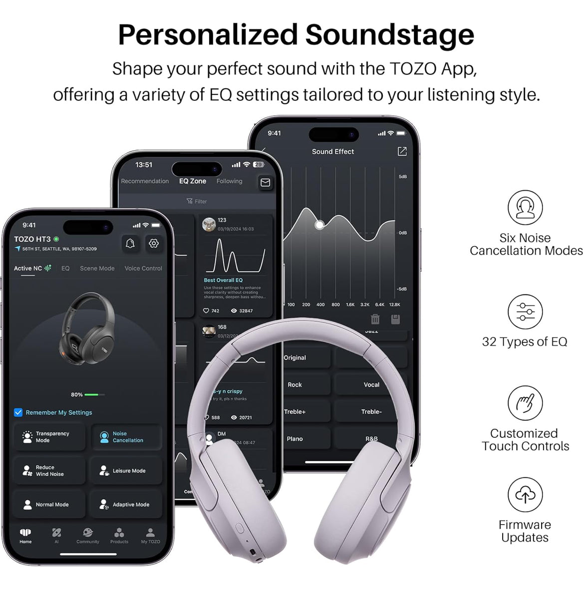 HT3 Hybrid Noise Cancelling Headphones, 90H Battery Life Over Ear Bluetooth 6.0 Foldable Headset, AI Voice Assistant - Light Purple